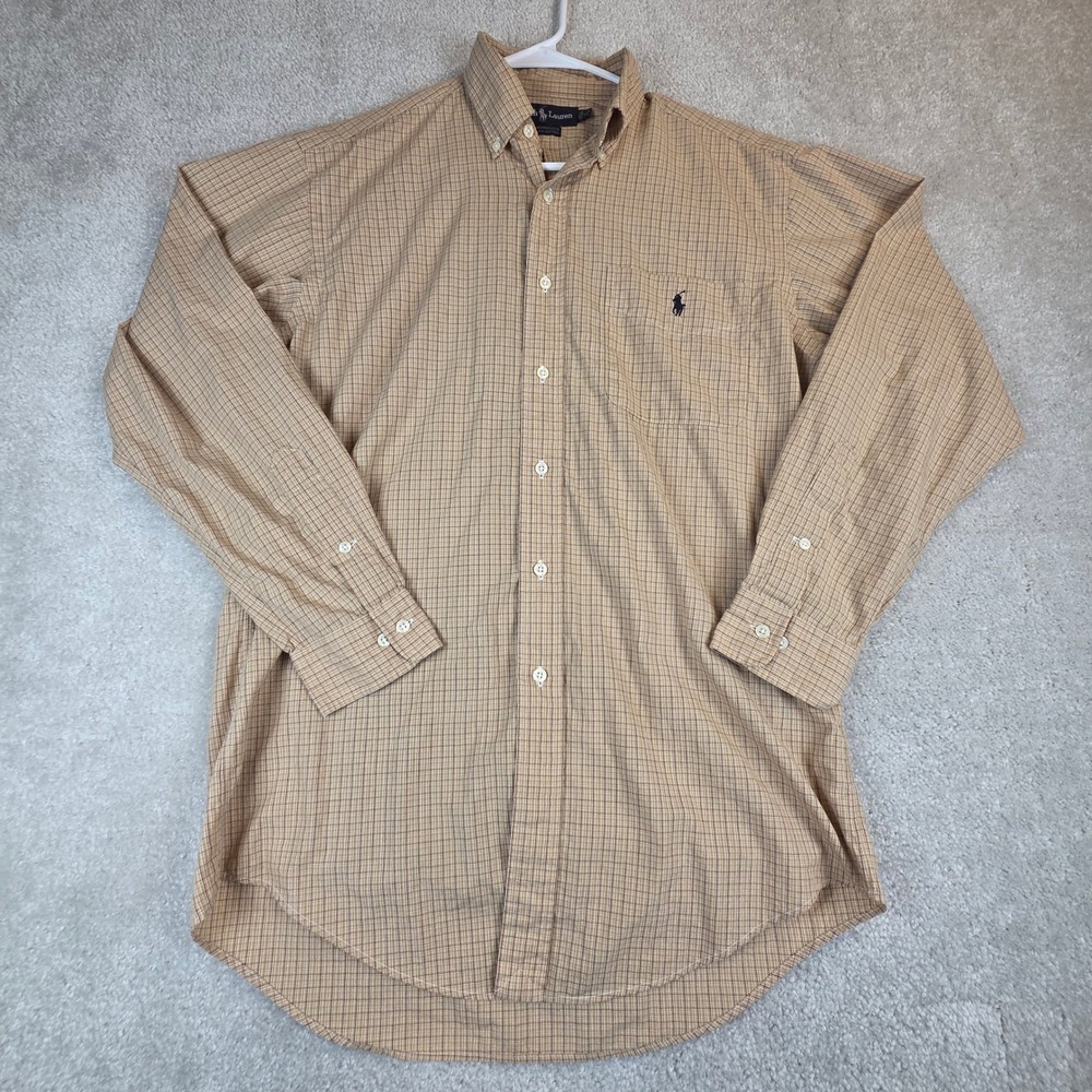 Ralph Lauren Yarmouth Shirt Mens 15 32/33 Tan Long Sleeve Plaid Cotton Pony - Picture 2 of 9